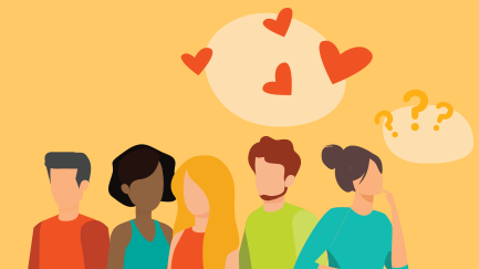 Illustration of a group of people with question marks and love hearts